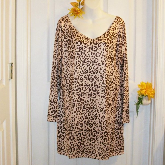 Sexy V-Neck Bodycon Leopard Print Sheath Dress Sz L Long Sleeve - Picture 1 of 8